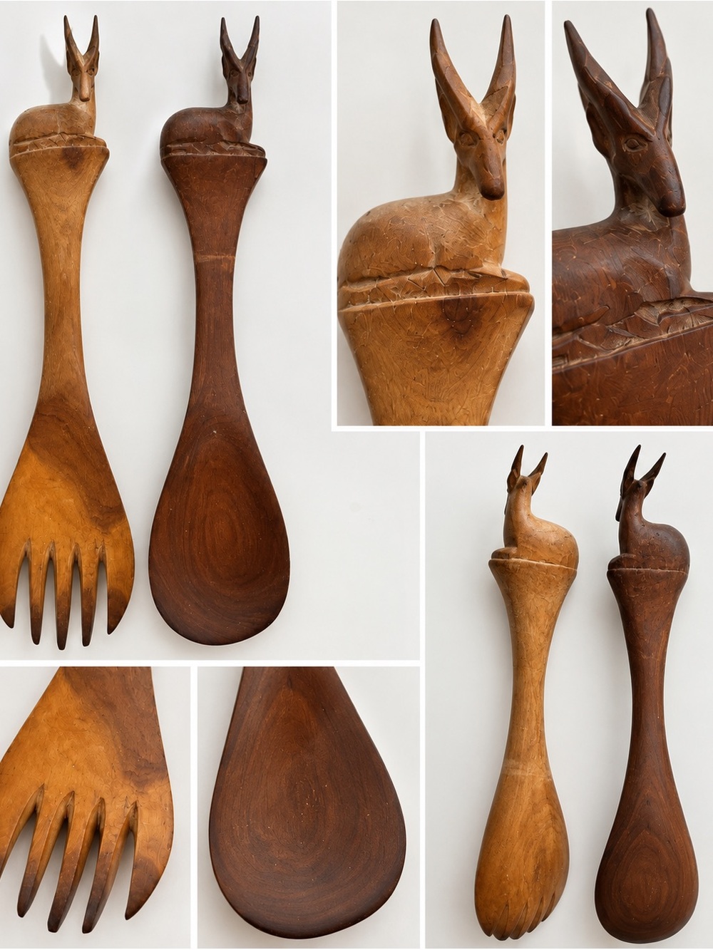 Vintage Hand Carved Wooden Antelope Salad Servers Boho Decor